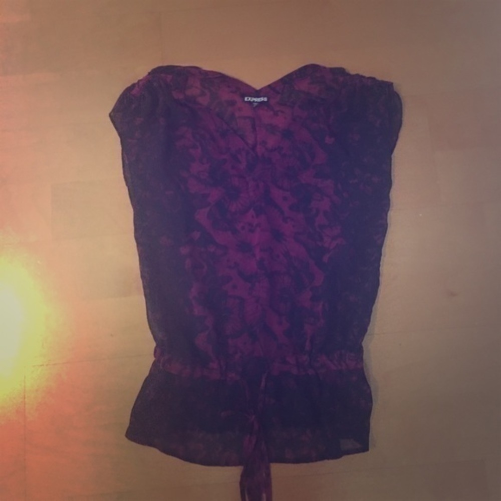 Express Black and Purple Sheer Butterfly‎ Top XS